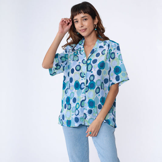 90s Donnkenny Geometric Watercolor Print Button-Up Blouse Blue Extra Large
