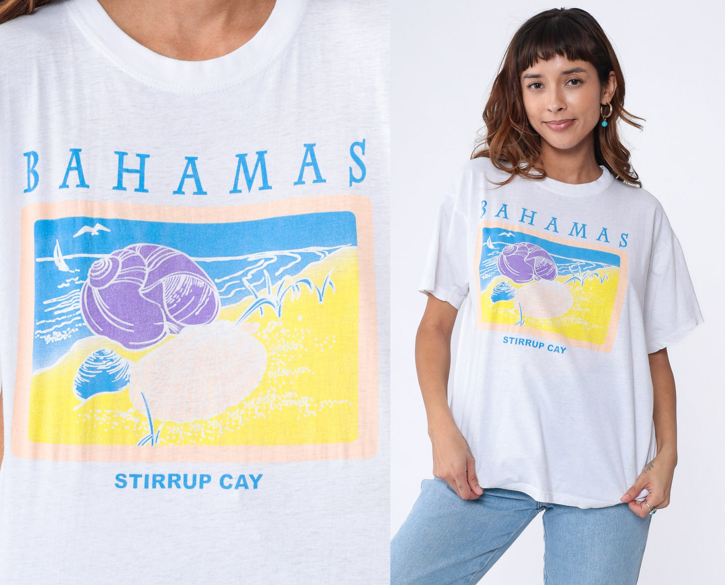 90s Bahamas Stirrup Cay Graphic T-Shirt White Cotton Tee Large L