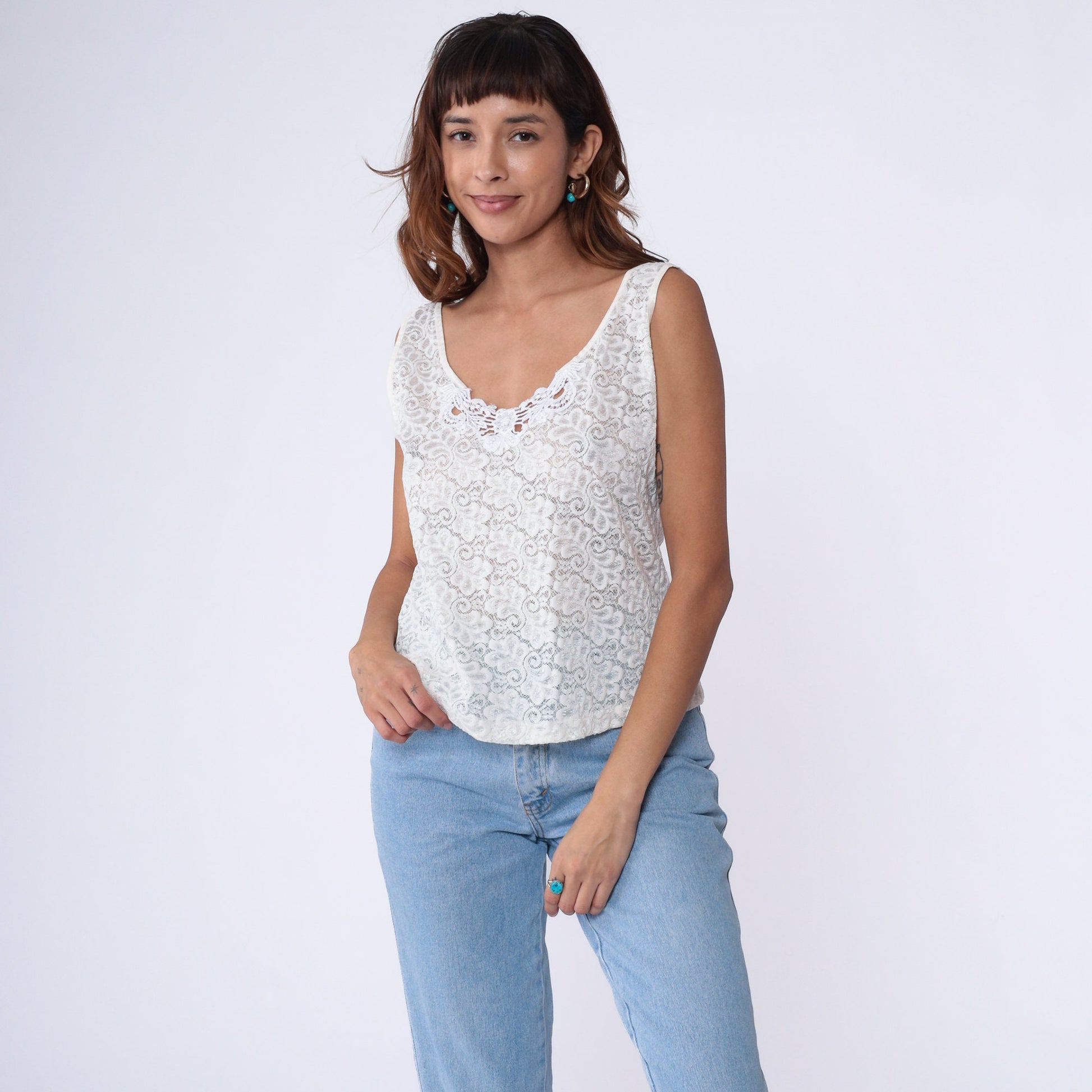 80s White Lace Camisole Sheer Floral Tank Top Large L