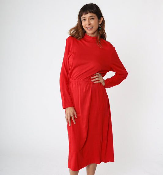 80s Red Mock Neck Midi Dress Long Sleeve Elastic Waist Medium