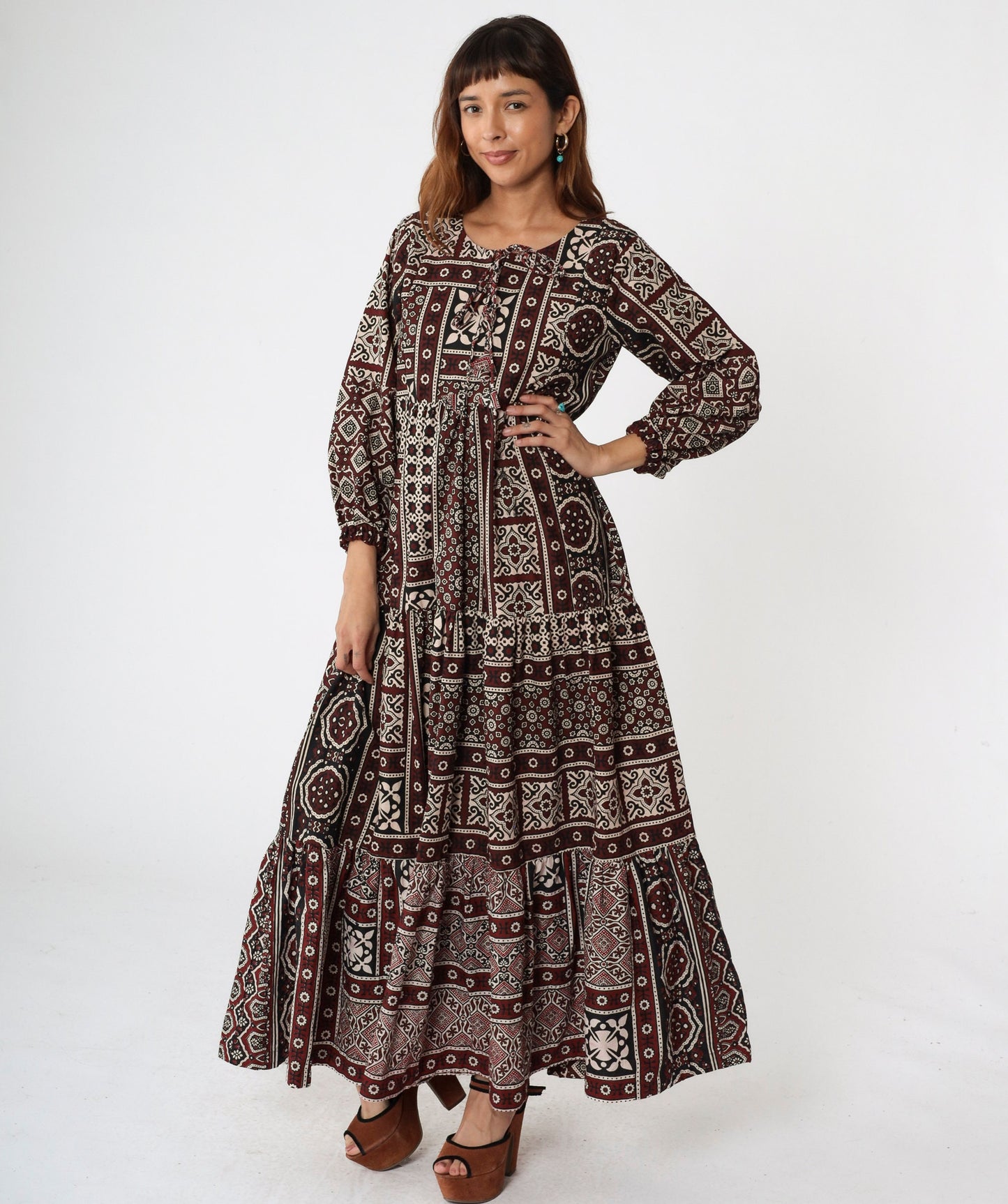 80s Burgundy Geometric Print Maxi Dress Tiered Skirt Keyhole Tie Neck Medium