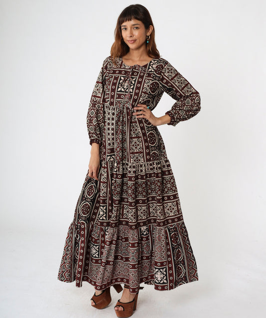 80s Burgundy Geometric Print Maxi Dress Tiered Skirt Keyhole Tie Neck Medium