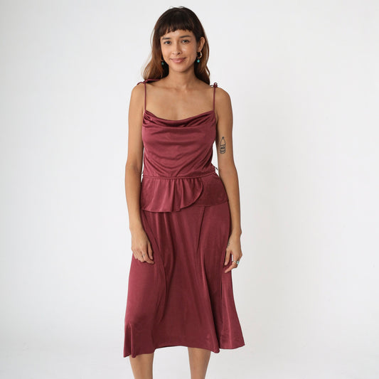 70s Burgundy Midi Dress High Waist Peplum Spaghetti Strap Small