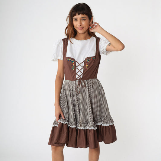 1960s Brown Gingham Midi Dress Puff Sleeve Lace-Up Corset Waist Large