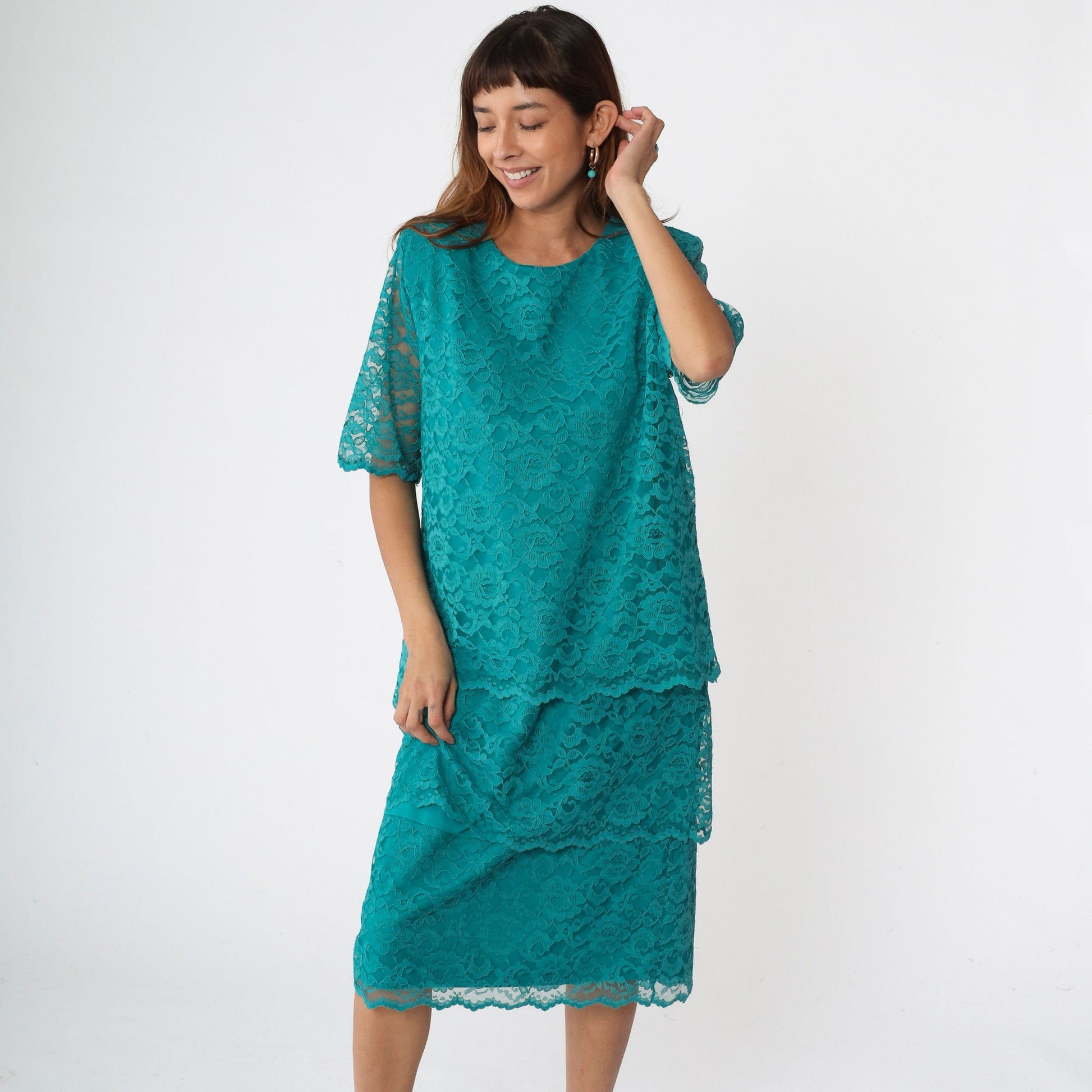 90s Teal Lace Midi Dress Short Sleeve Shift Sheath Green Vintage Medium