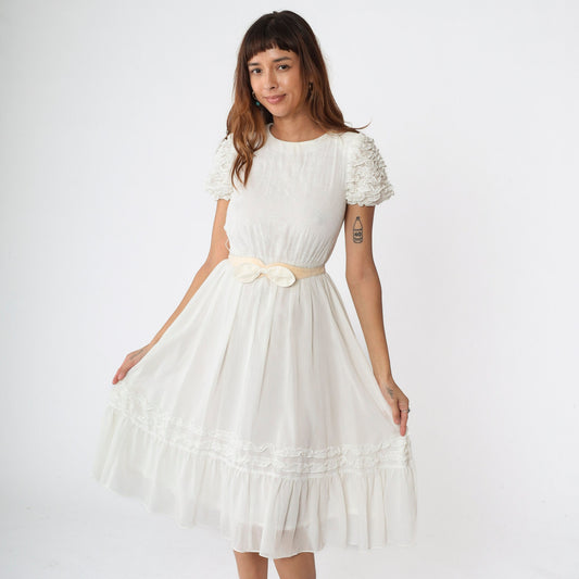 80s White Leaf Print Midi Dress Puff Sleeve High Waist Belt Extra Small
