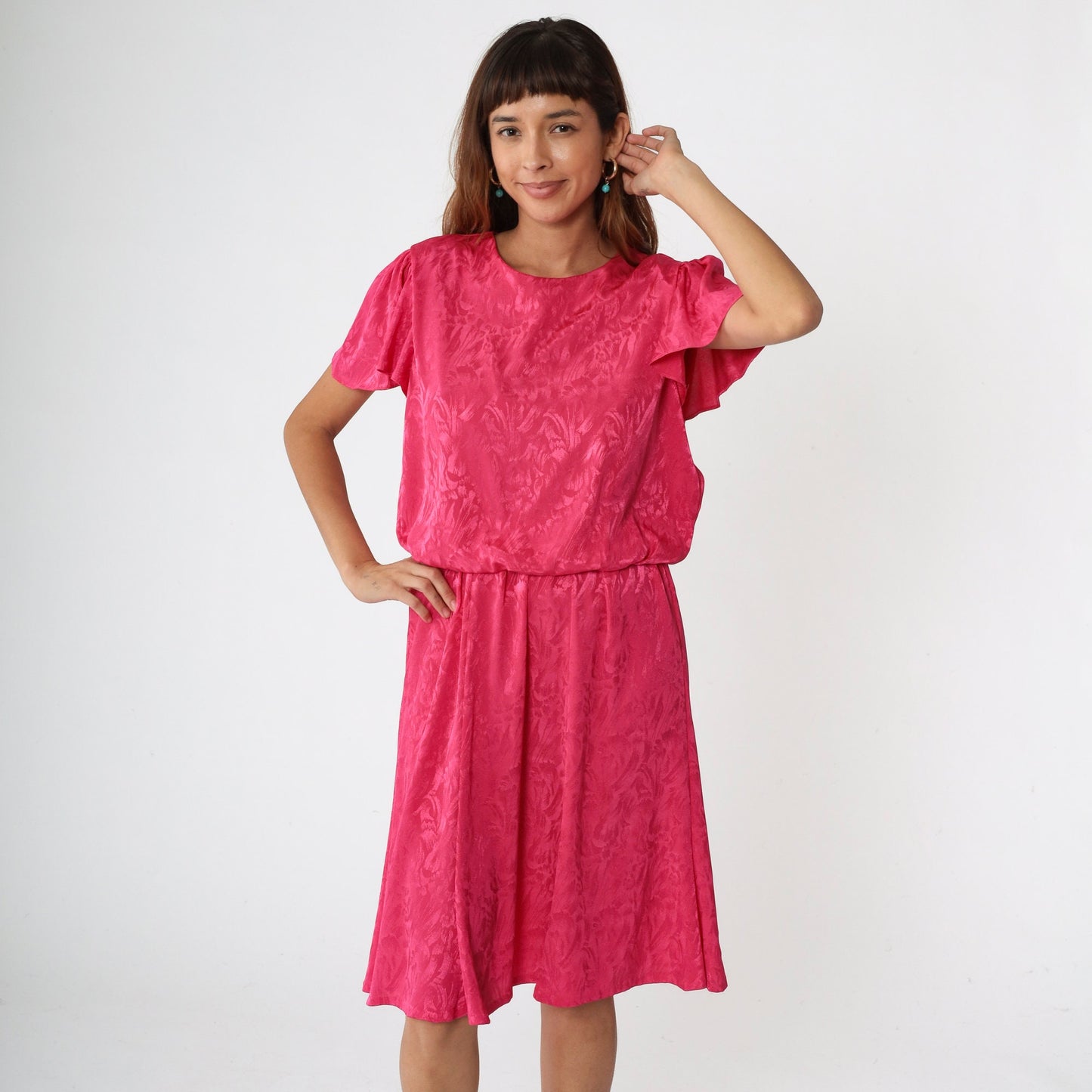 1970s Hot Pink Floral Embossed Midi Dress Flutter Sleeve High Waist Medium