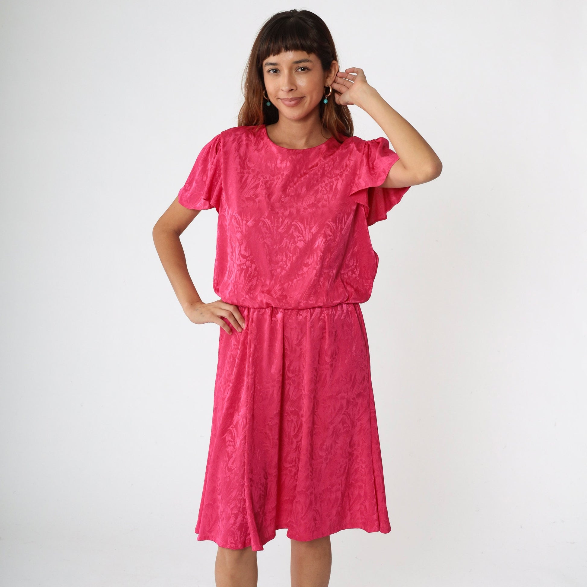 1970s Hot Pink Floral Embossed Midi Dress Flutter Sleeve High Waist Medium
