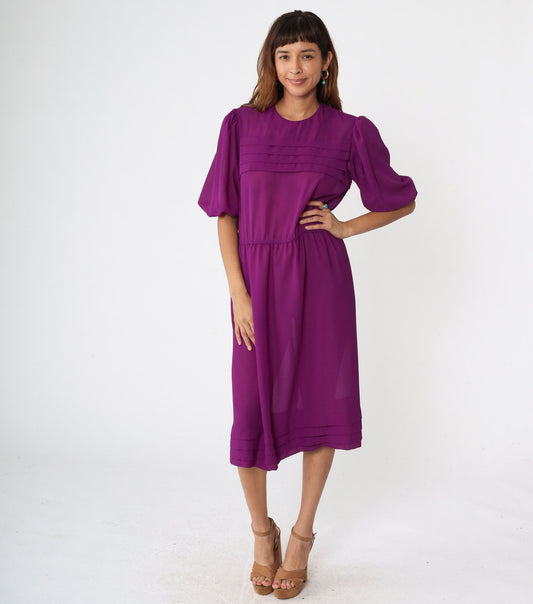 80s Purple Sheer Midi Dress Puff Sleeve Pleated High Waist Keyhole Medium Large