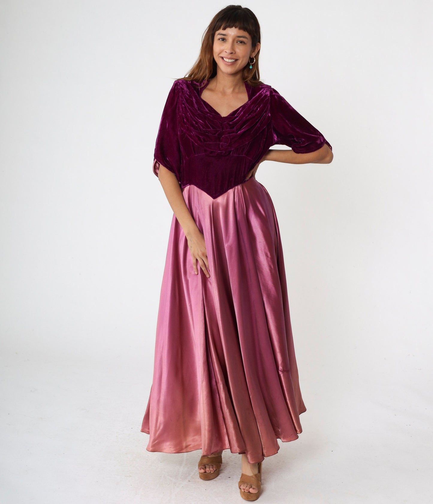 70s Purple Velvet Satin Maxi Dress Basque Waist Short Sleeve Large