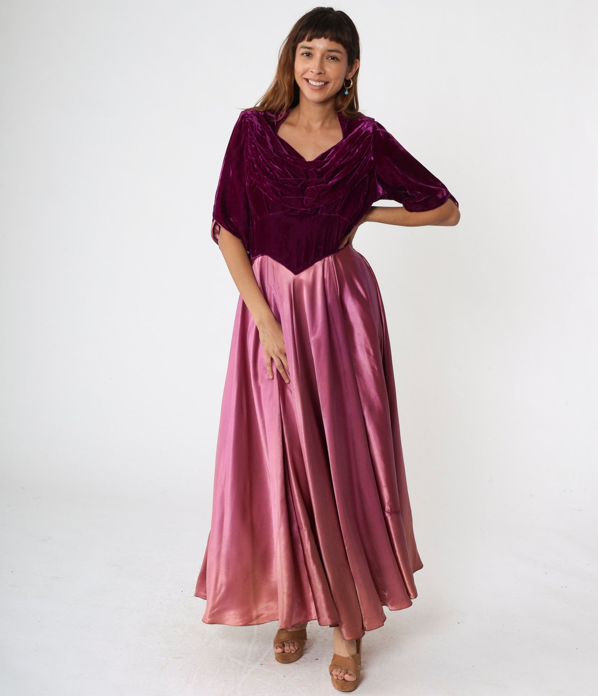 70s Purple Velvet Satin Maxi Dress Basque Waist Short Sleeve Large