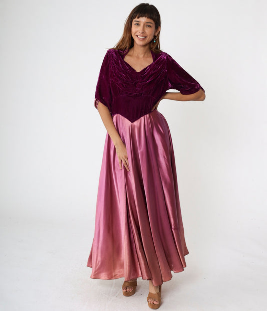 70s Purple Velvet Satin Maxi Dress Basque Waist Short Sleeve Large