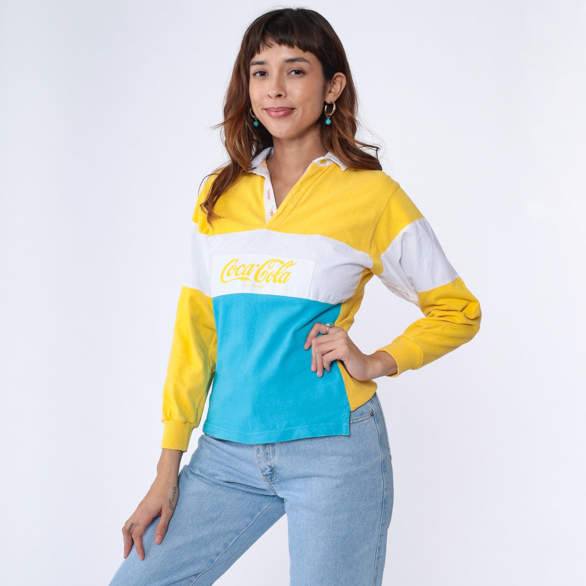 90s Coca-Cola Colour Block Polo Long Sleeve Graphic Tee White Blue Yellow Extra Small