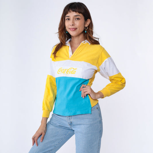 90s Coca-Cola Colour Block Polo Long Sleeve Graphic Tee White Blue Yellow Extra Small