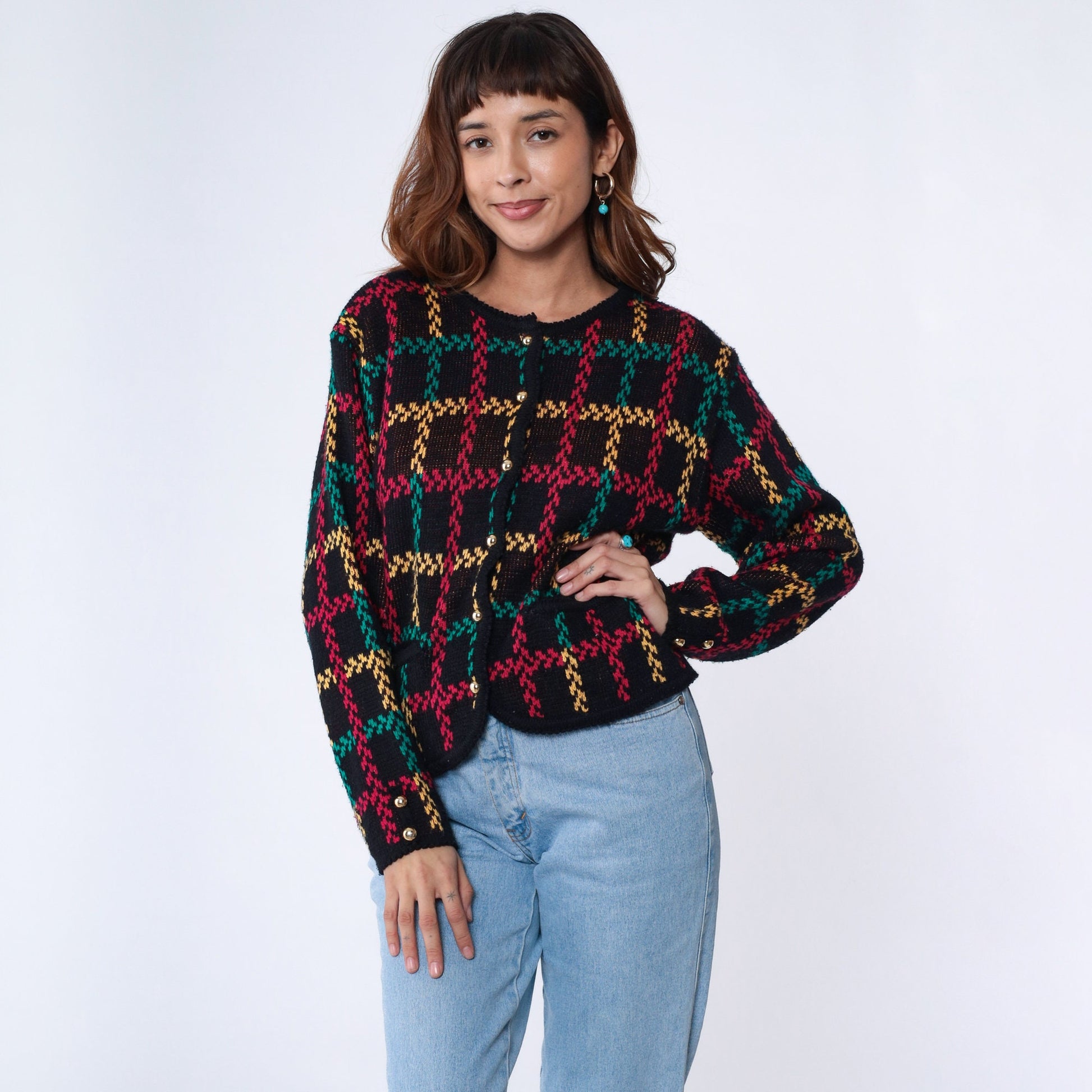 90s Checkered Cardigan Sweater Black Red Green Yellow Gold Button Small