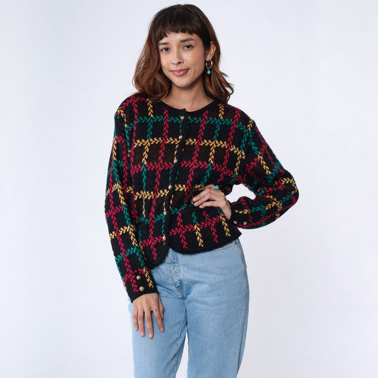 90s Checkered Cardigan Sweater Black Red Green Yellow Gold Button Small