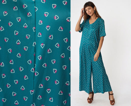 90s Lane Bryant Teal Geometric Wide Leg Jumpsuit Scoop Neck Large XL