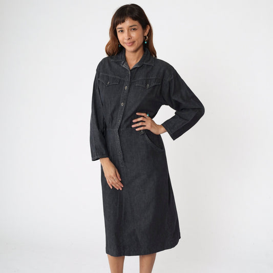 90s Panhandle Slim Black Denim Shirtdress High Waist Midi Button Up Medium