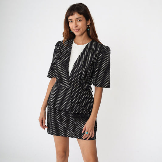 80s Black Polka Dot Peplum Mini Dress Puff Sleeve Lace Trim Medium