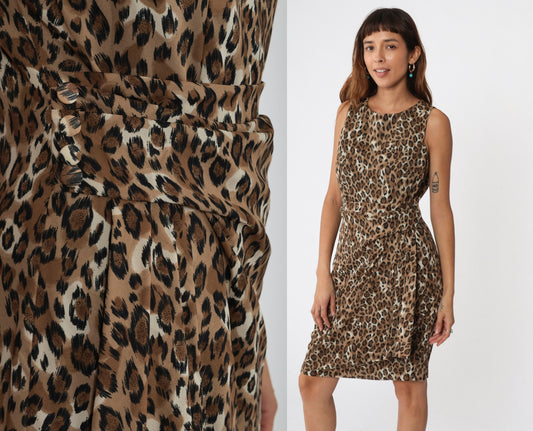 90s Leopard Print Sleeveless Shift Dress Wrap Panel Mini Medium
