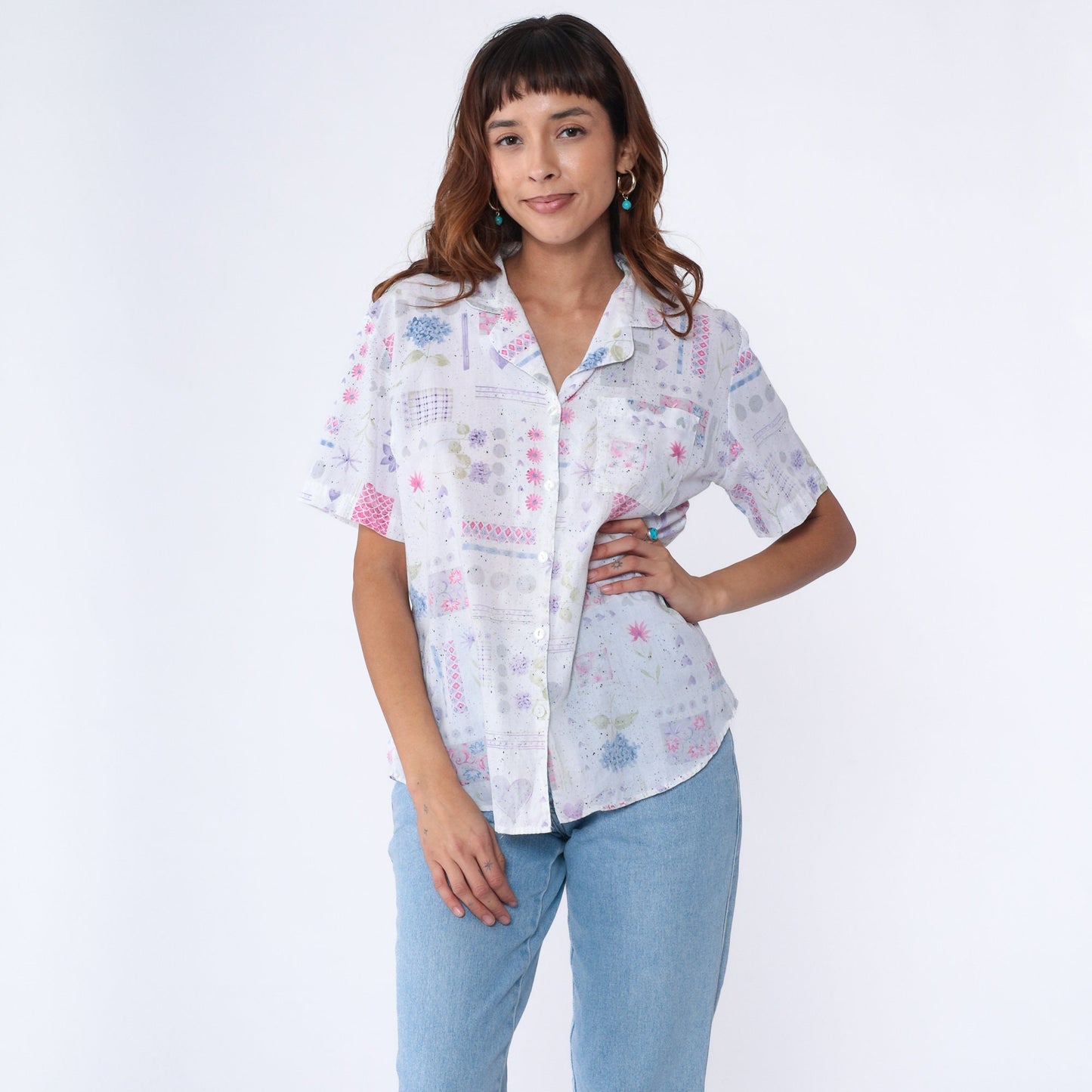 90s White Floral Heart Print Button-Up Blouse Short Sleeve Large L