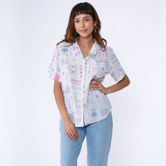 90s White Floral Heart Print Button-Up Blouse Short Sleeve Large L