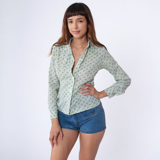 70s Floral Button-Up Blouse White Green Pointed Collar Long Sleeve Extra Small