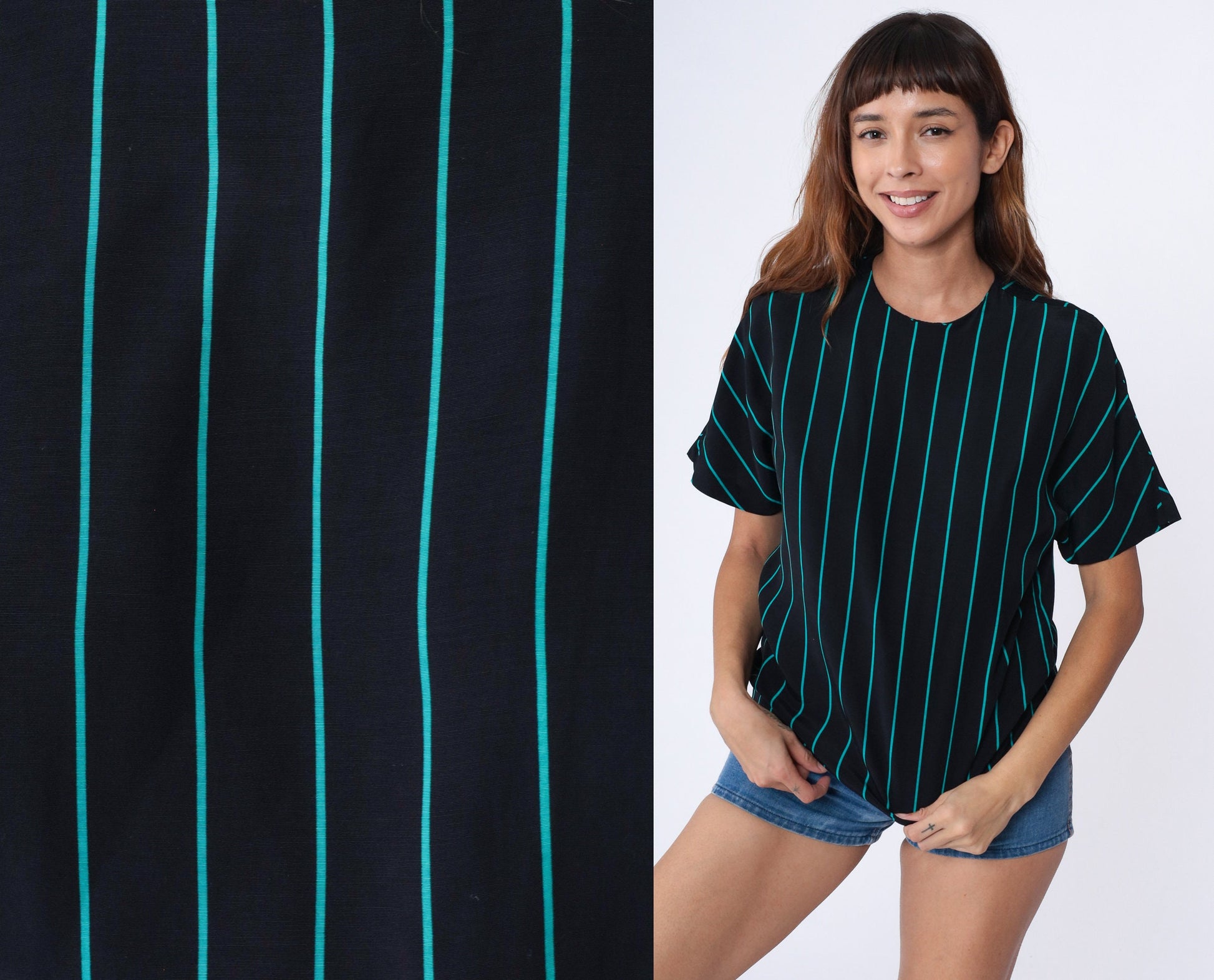 80s Black Striped Rayon Blouse Turquoise Short Sleeve Button Back Medium