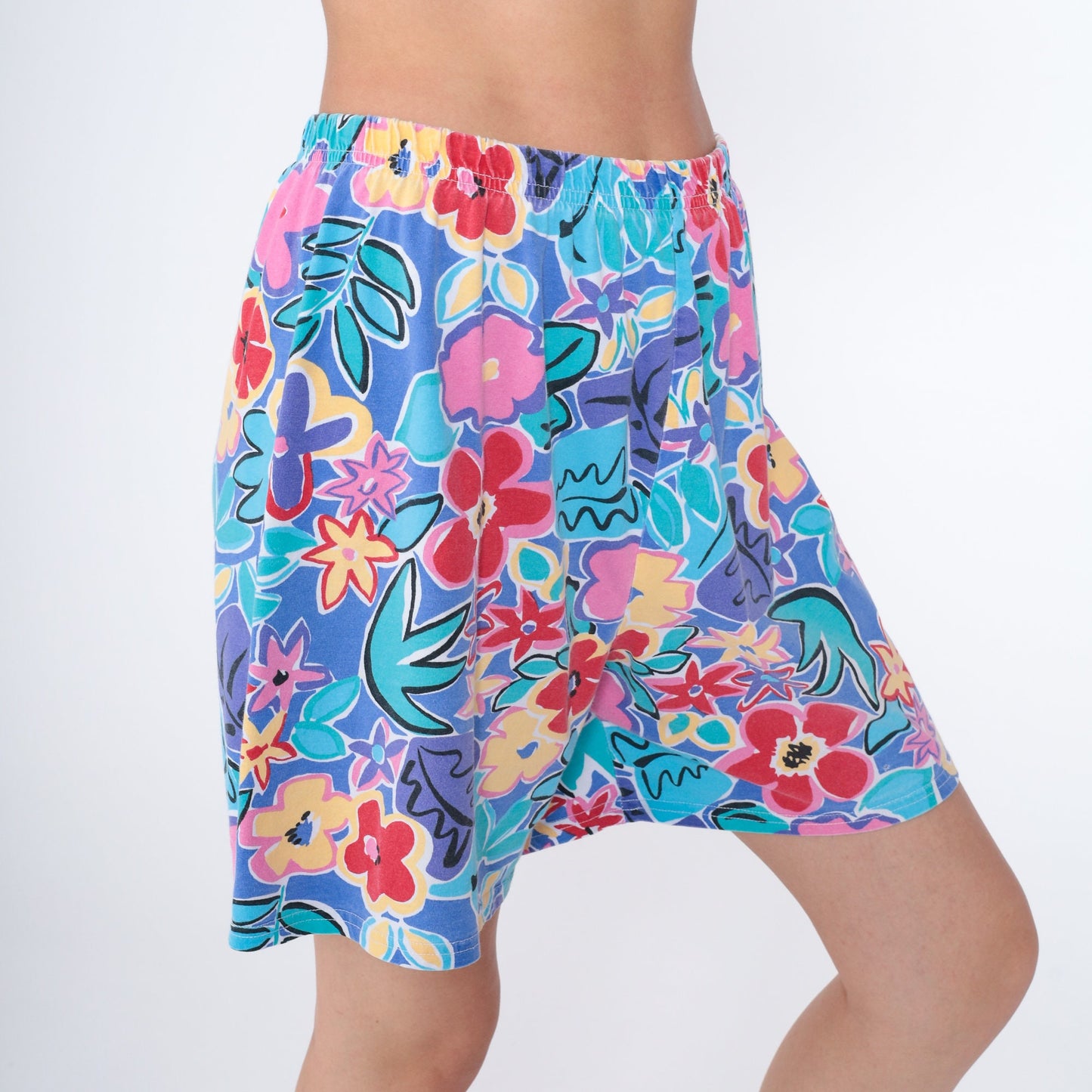 90s Tropical Floral High-Waist Wide-Leg Shorts Purple Blue Medium