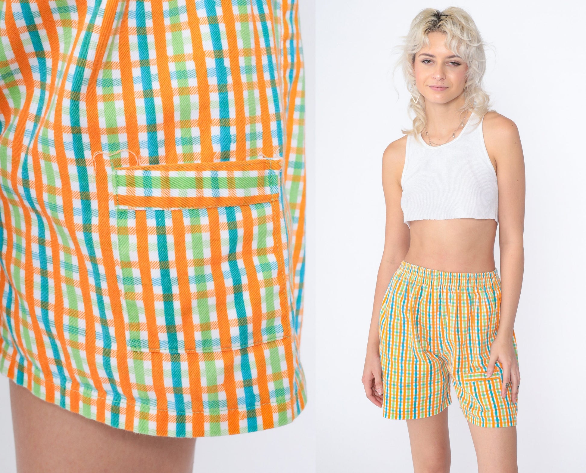 90s Plaid High-Waist Shorts Checkered Cotton Orange Green Blue Extra Small