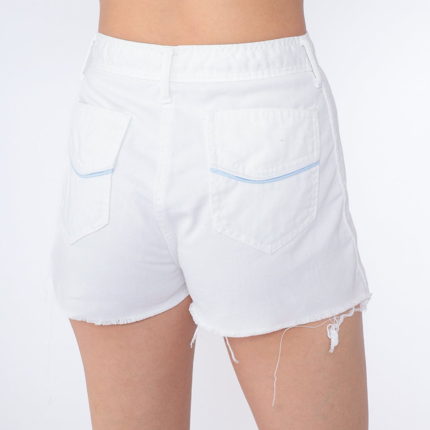 70s White Denim Cutoff Shorts Mid Rise Blue Trim Small S