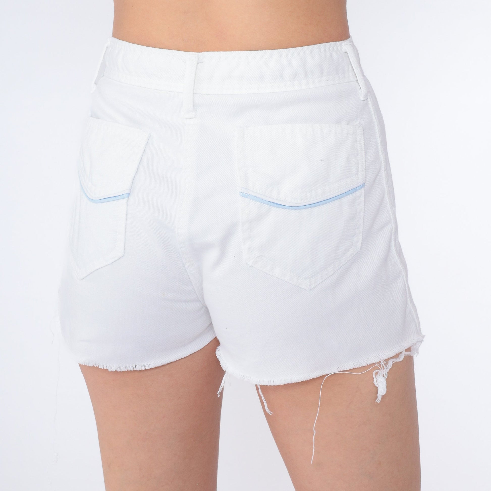 70s White Denim Cutoff Shorts Mid Rise Blue Trim Small S