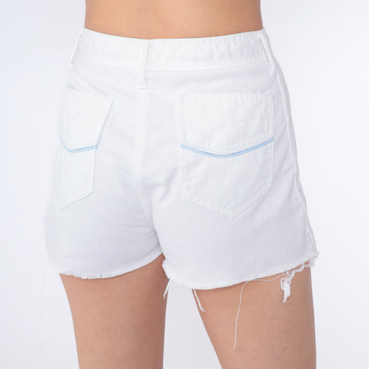 70s White Denim Cutoff Shorts Mid Rise Blue Trim Small S