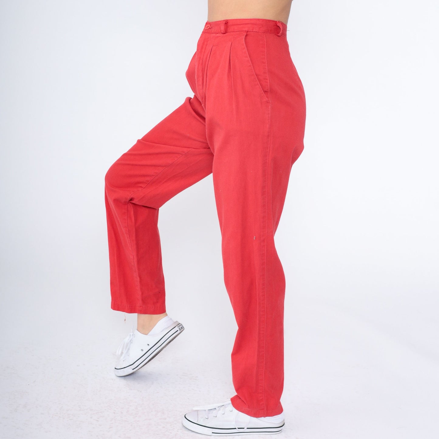 80s Sasson Red Cotton Pleated High-Waisted Tapered Trousers Extra Small