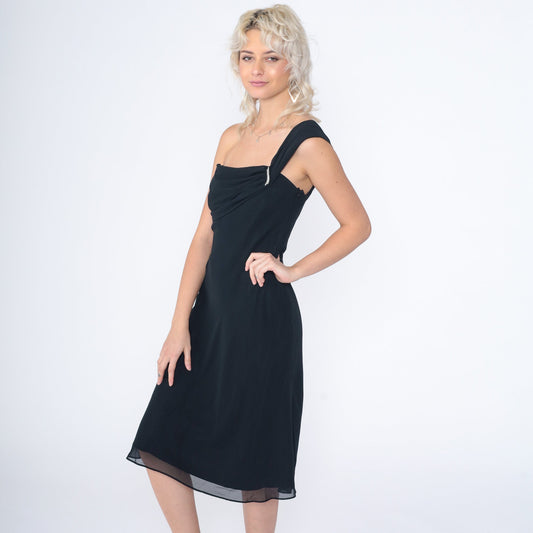 90s Black One-Shoulder Midi Dress Rhinestone Brooch Party Formal Extra Small