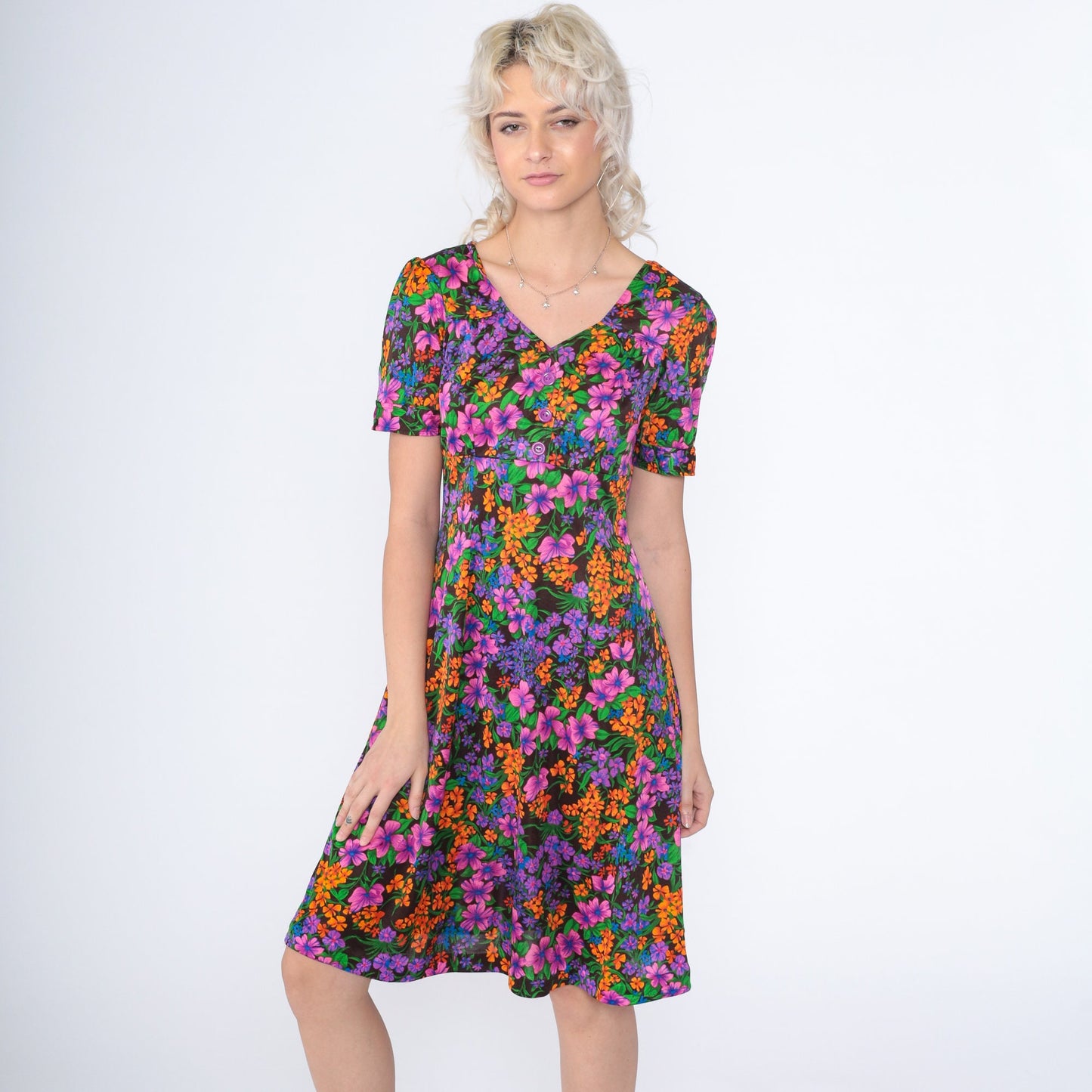 70s Floral Babydoll Mini Dress Empire Waist Button-Up Black Small S