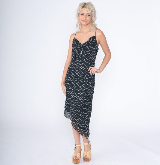 90s Kathy Lee Black White Ring Dot Asymmetrical Midi Dress Cowl Neck Medium