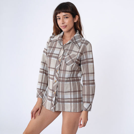 70s Checkered Brown Button-Up Shirt Dagger Collar Long Sleeve Blouse Medium Large