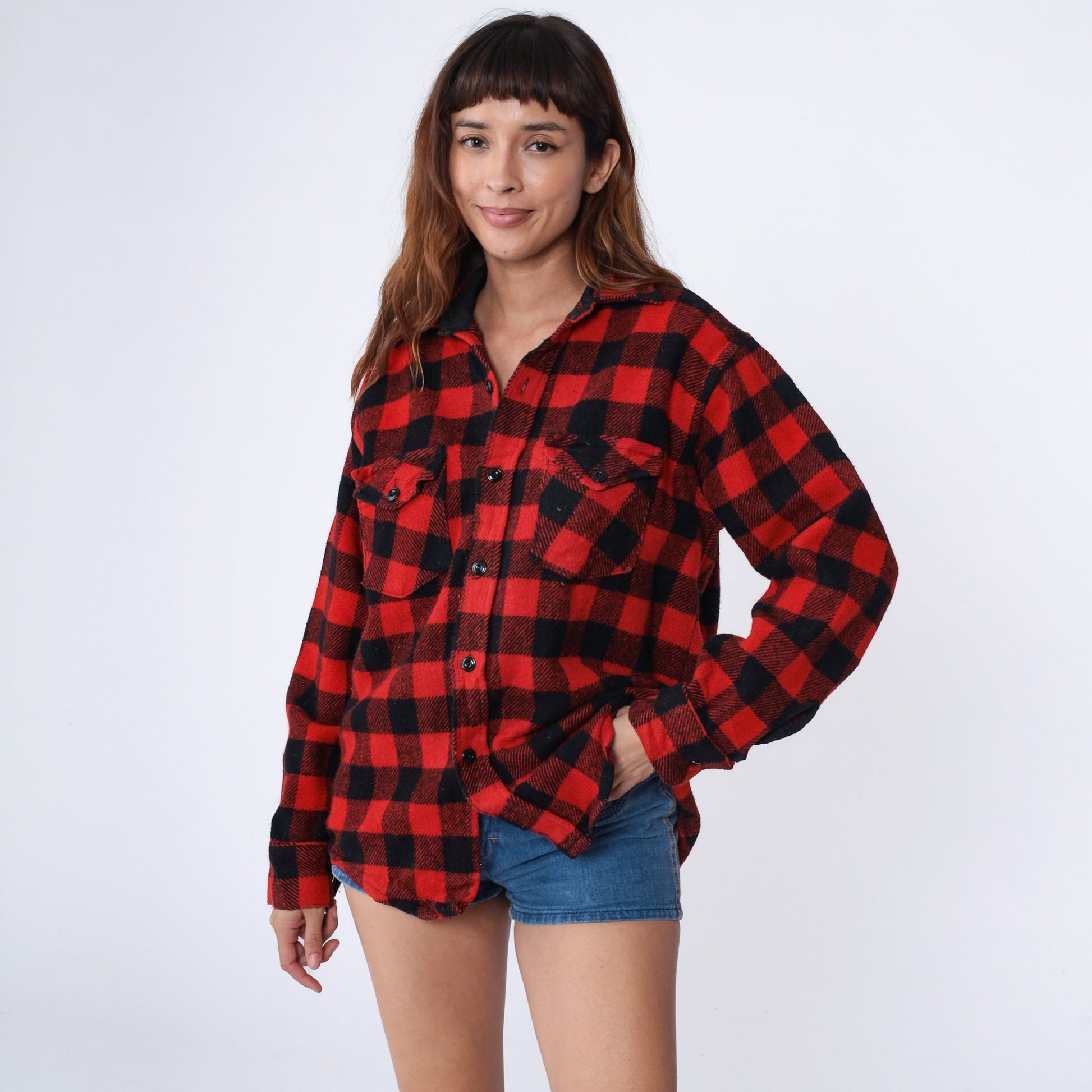 70s Buffalo Plaid Wool Shirt Red Black Lumberjack CPO Jacket Large L