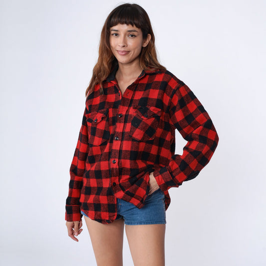 70s Buffalo Plaid Wool Shirt Red Black Lumberjack CPO Jacket Large L