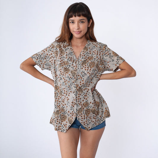 90s Grey Floral Tree Print Button Up Blouse V Neck Short Sleeve Large L
