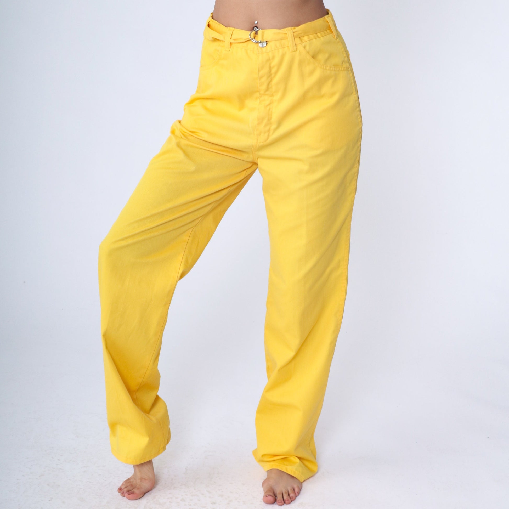 80s Yellow High-Waisted Straight Leg Pants Cotton Blend Medium