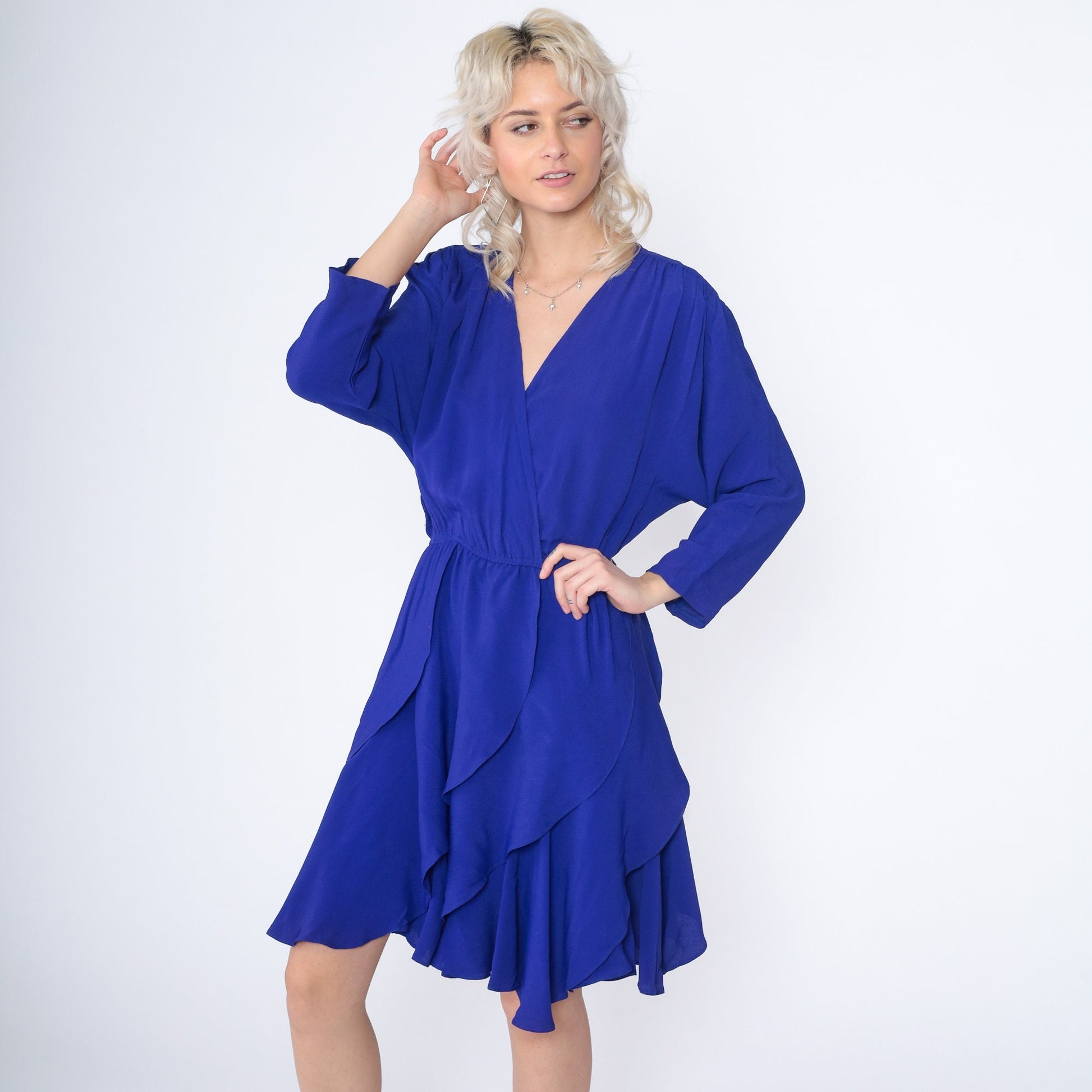 90s Blue Mini Dress Faux Wrap V Neck Long Sleeve – Shopexile