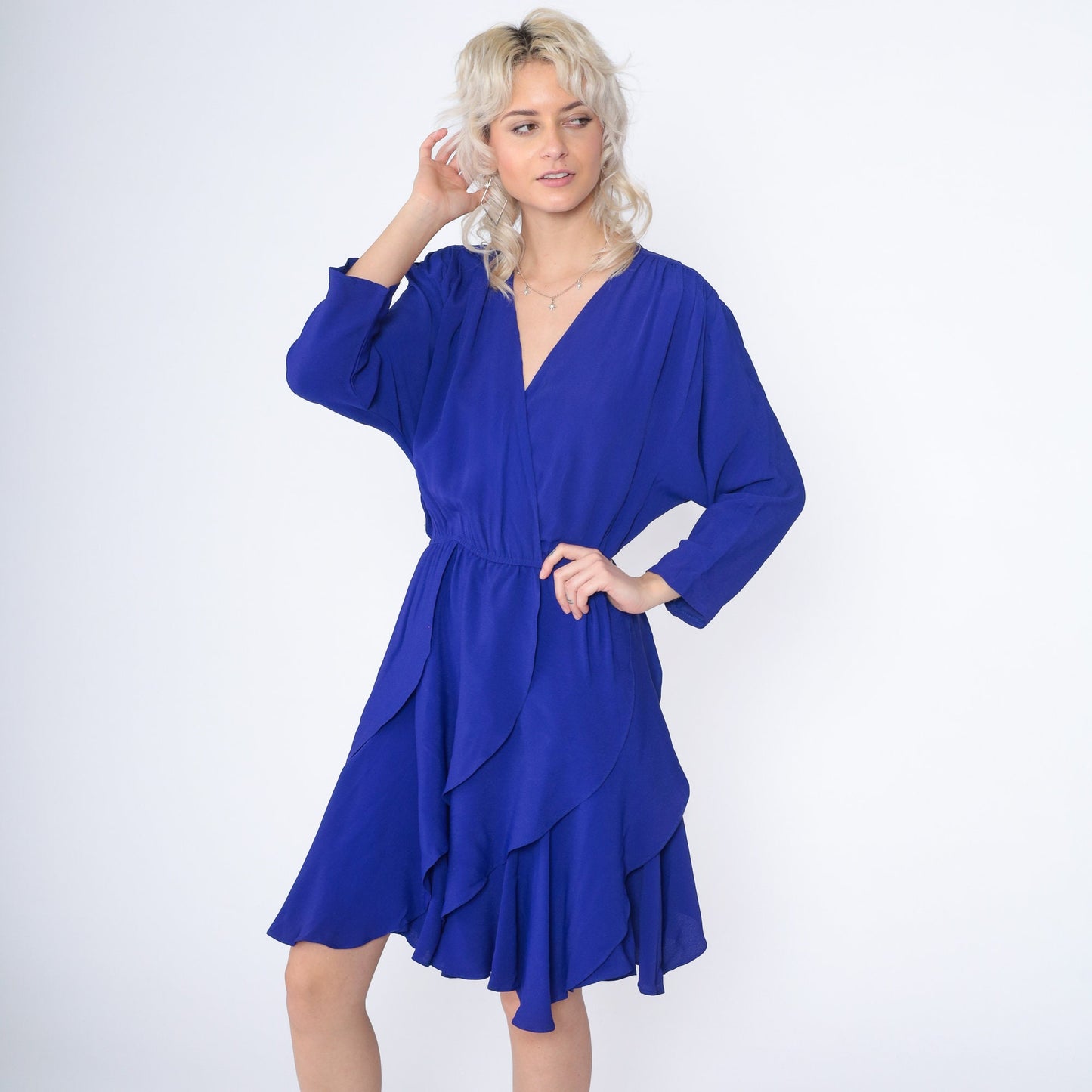90s Blue Mini Dress Faux Wrap High Waisted Long Sleeve V Neck Small S