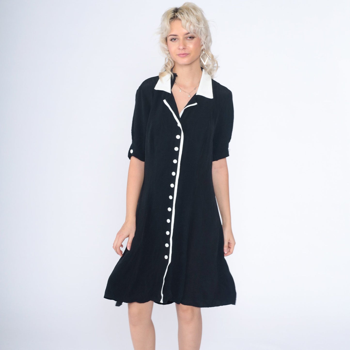 90s Black and White Button-Up Mini Dress Short Sleeve Shift Medium M