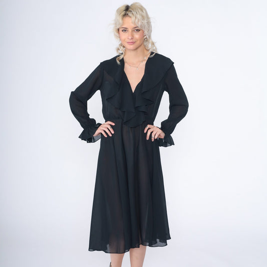 90s Black Midi Dress Ruffled High Waist Long Sleeve Semi-Sheer Small