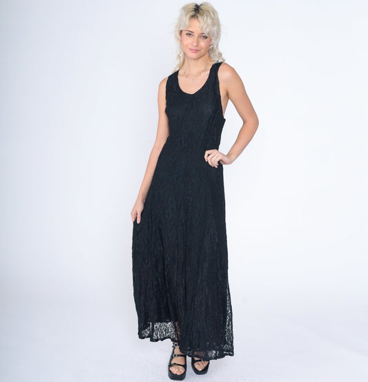 90s Black Lace Maxi Dress Sleeveless Criss Cross Large L