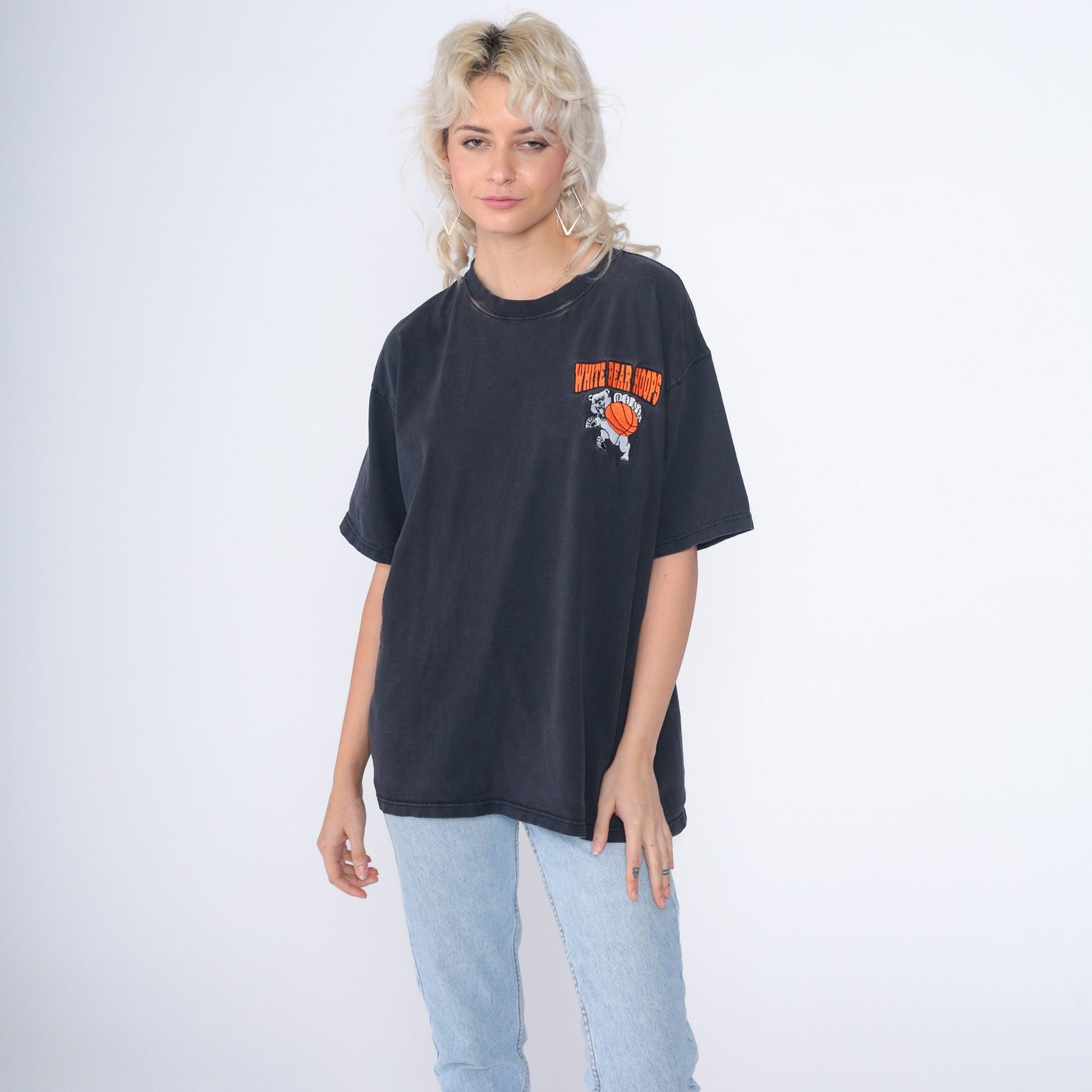 90s White Bear Hoops Basketball T-Shirt Embroidered Logo Black Large L