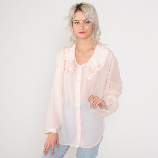 90s Pink Beaded Floral Scalloped Collar Button-Up Blouse Long Sleeve Extra Large XL