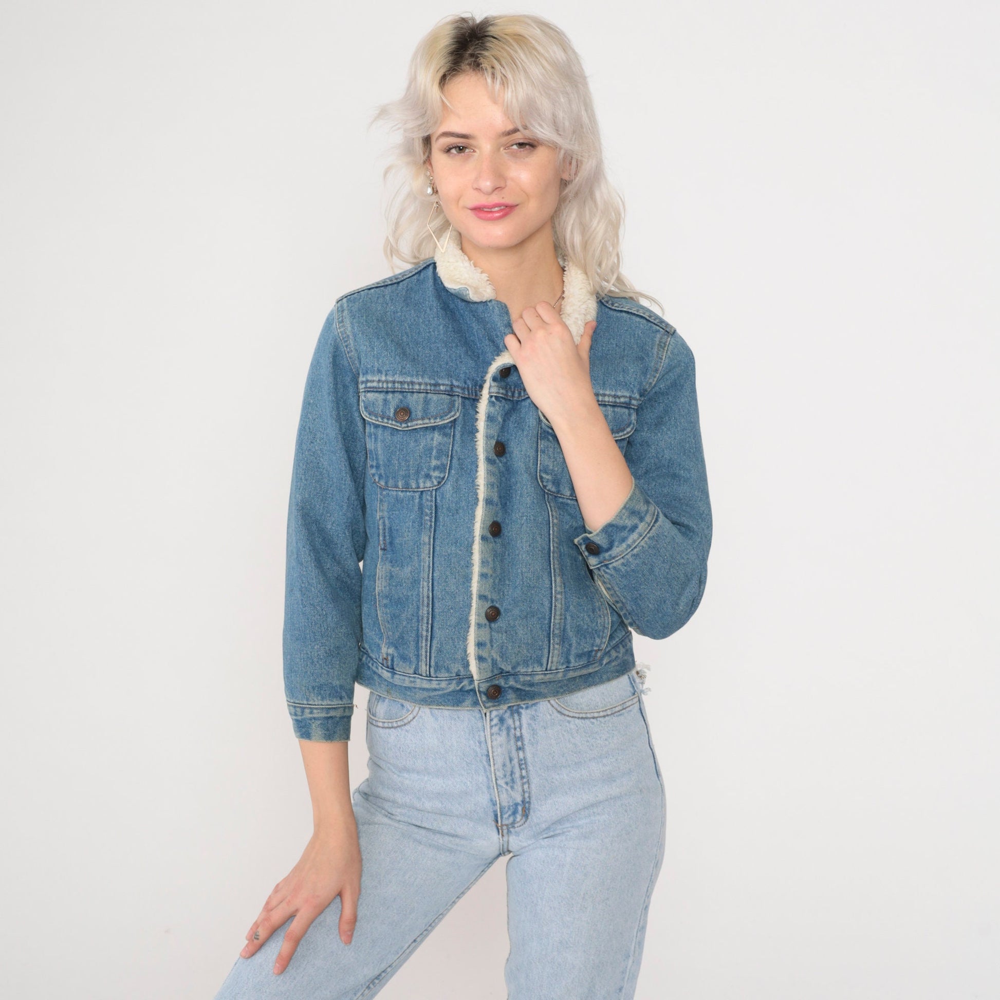 90s The Gap Denim Sherpa Jacket Blue Cropped Snap Jean Coat XXS